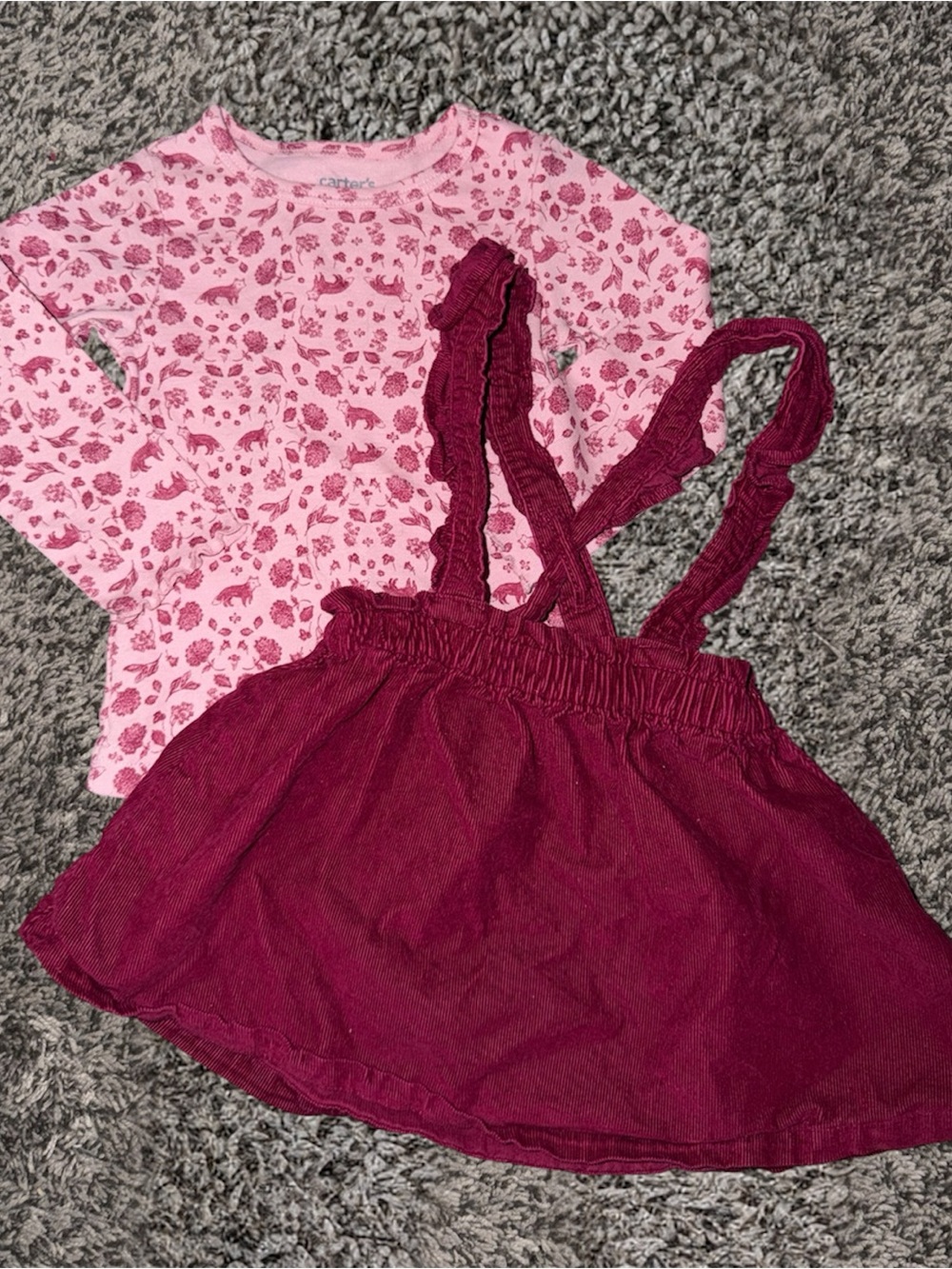 Pink Floral Long-Sleeve Top with Berry Suspender Skirt